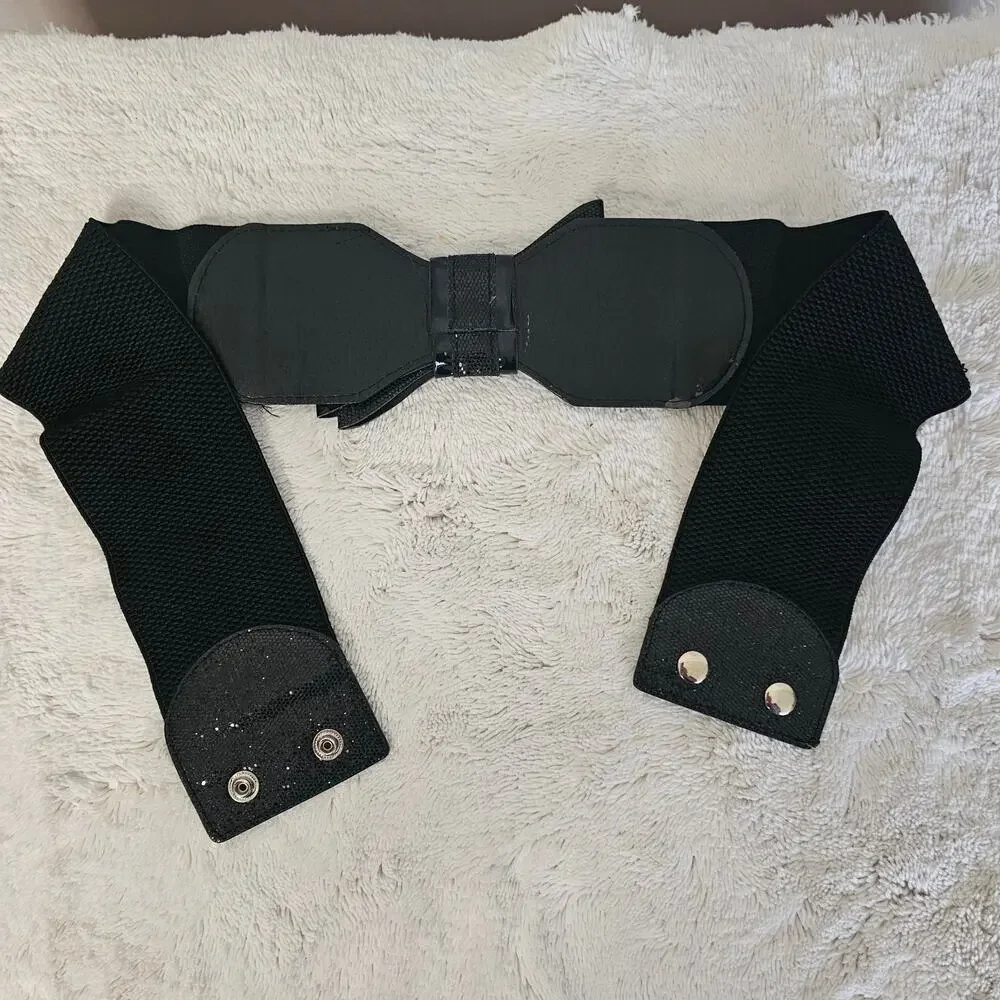 Vintage Black Elastic Bow Belt | Sparkle Mesh Center Bow | Adj Cinch Waist Belt